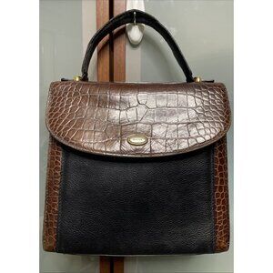 Bally Vintage 2-Way Brown & Black Crocodile Embossed Leather Handbag Tote Purse